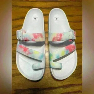 Shade & Shore Nola Toe Ring Slide Sandals White Tie Dye 10